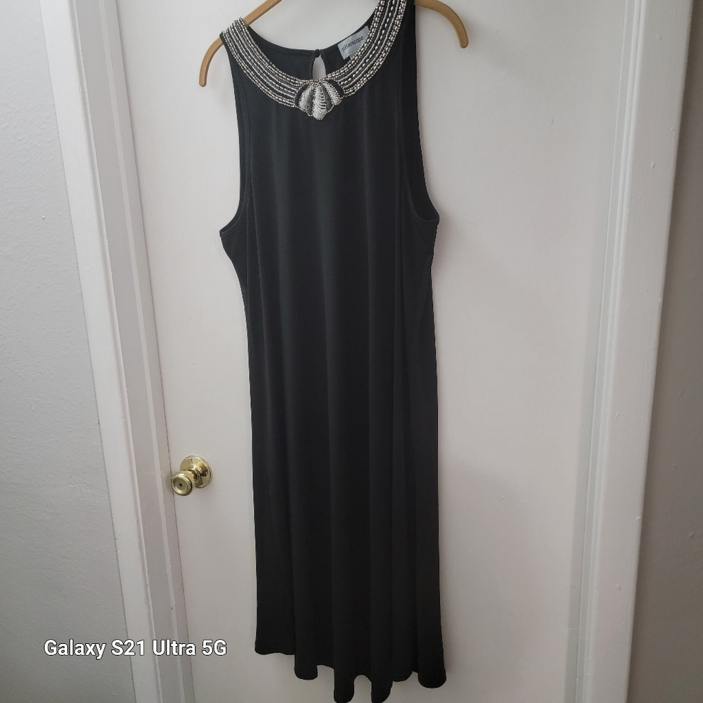Elegant Black Midi Dress with Embellished Neckline
